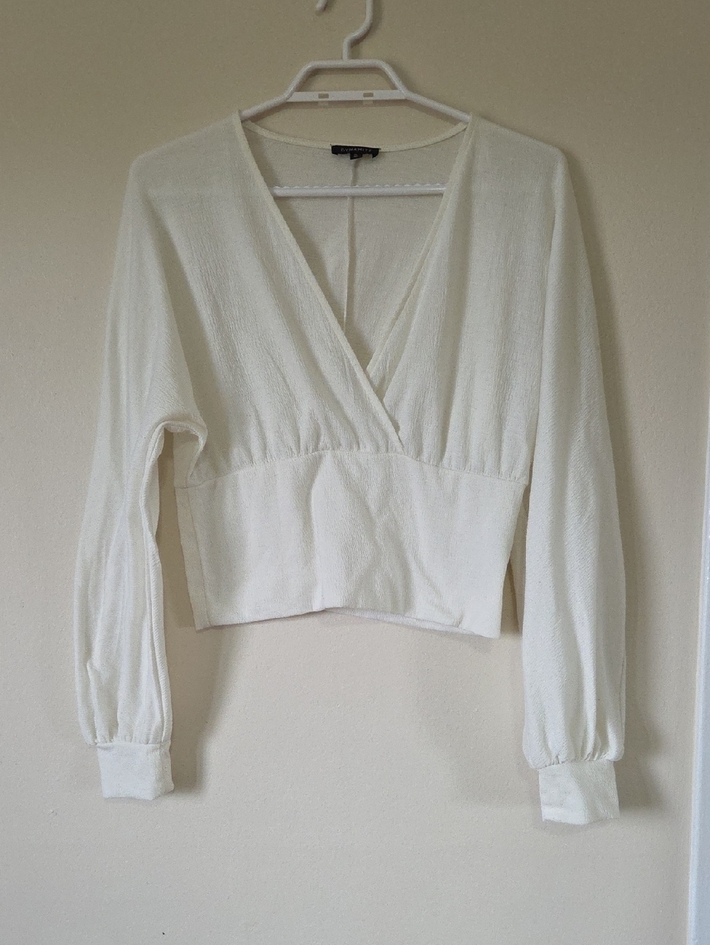 Dynamite Cream Cropped Wrap-Front Long Sleeve Top